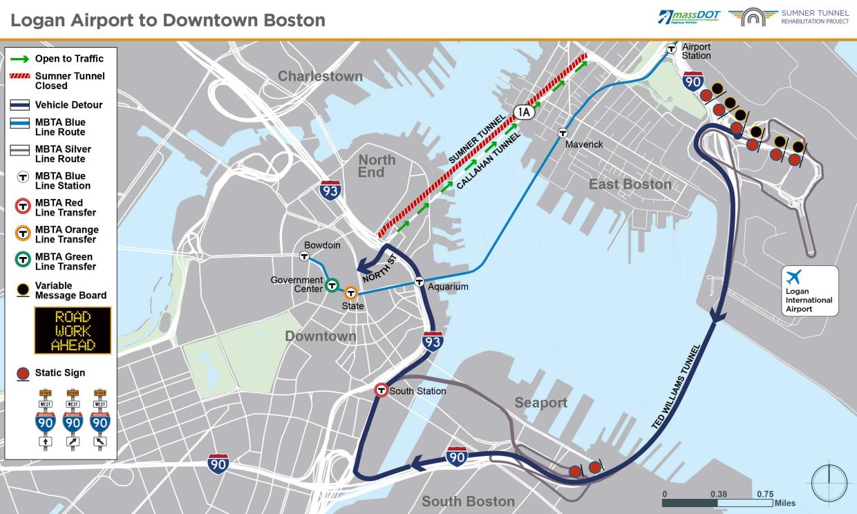 Detour map, Logan Airport to Downtown Boston, with drivers reaching Downtown Boston via the Ted Williams Tunnel and I-93.