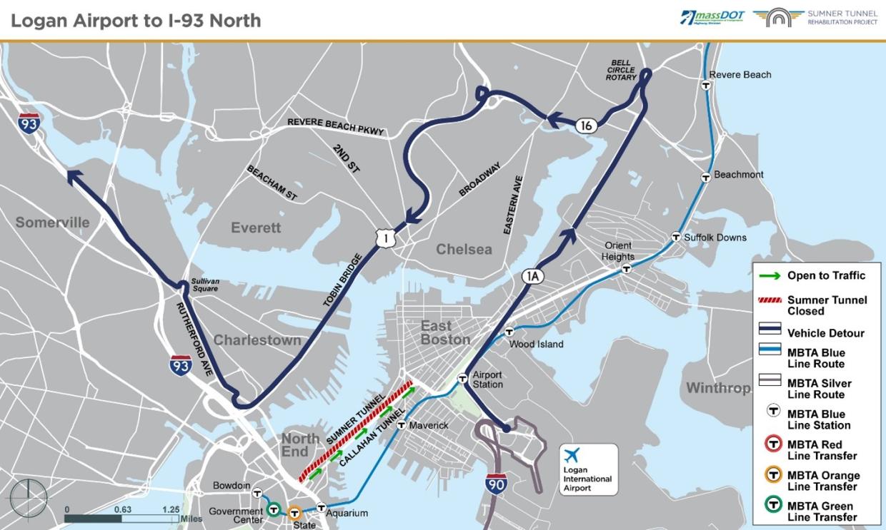 Detour map, Logan Airport to I-93 North, with drivers being rerouted through Chelsea and the Tobin Bridge.