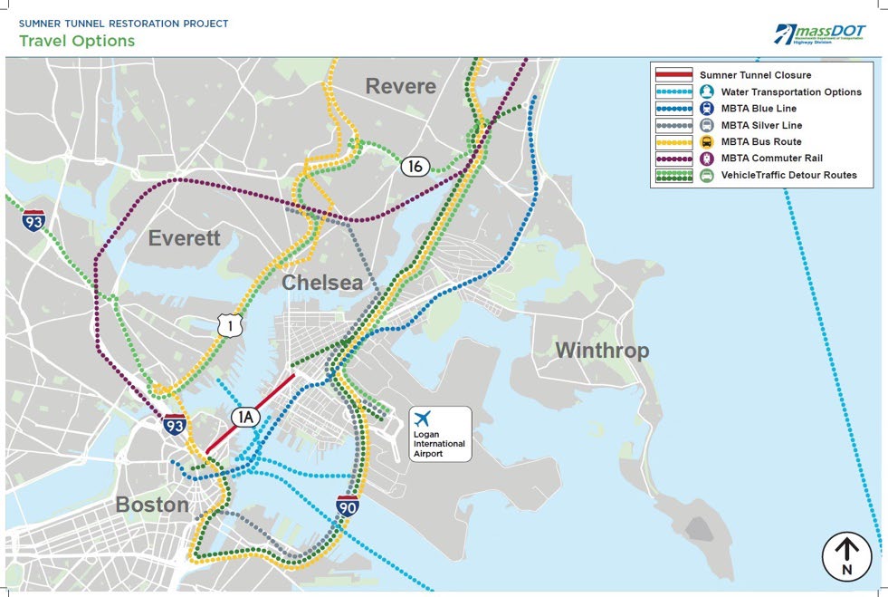 A map of the traffic routes around Greater Boston that will be affected by the Sumner Tunnel closure this summer.